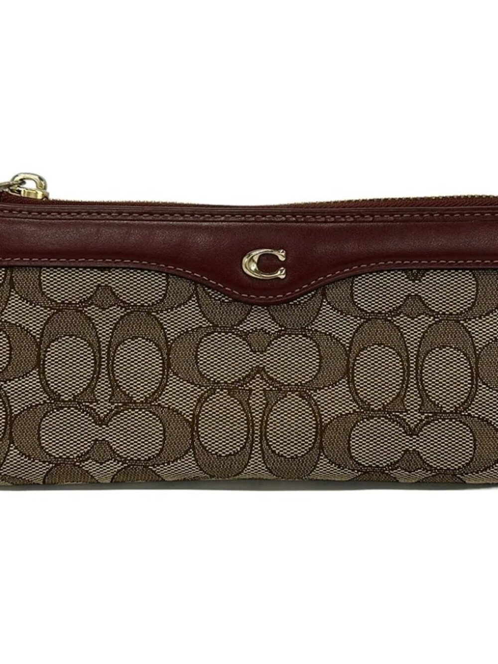 COACH Signature F34790 Khaki Bordeaux Jacquard Leather Long Wallet